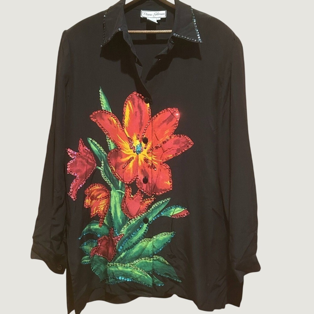 Diane Gilman Blouse Size L Black Silk Sequin Floral Button Down Art to‎ Wear